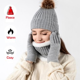 Knitted Hat and Scarf Set 5 PCS Winter Cold Weather Set, Ski Outing Set Plush Ear Warmers Beanie Hat Scarf Touch Screen Gloves Women Thermal Socks for Skiing Outdoor Sports (Grey)