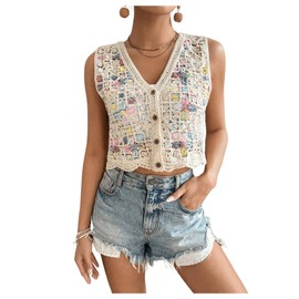 GORGLITTER Knitted Vest Women's Lightweight Short Vintage Vest Sleeveless Jacket Embroidery Vest Crochet Cardigan Autumn Vest with Buttons, beige