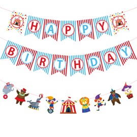 Zwiebeco Birthday Party Decoration Supplies Happy Birthday Banner Hanging Colorful Paper Amusement Park Circus Theme Bunting Banner for Boys Girls Babys Kids Funfair Circus Themed Birthday Decorations