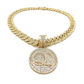 BLINGFACTORY Men Hip Hop QC Quality Control Pendant & 12mm 18in Full Iced Box Lock Cuban Chain Necklace