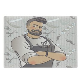 Ambesonne Hipster Cutting Board, Muscular Barber Man with Hipster Hairstyle and Mustache on Graphic Shaving Elements, Decorative Tempered Glass Cutting and Serving Board, Large Size, Multicolor