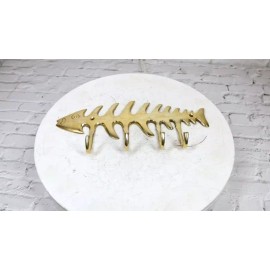 Ebros Gift Brass Metal Golden Fishbone Fish Bone Marine Coastal 4 Peg Wall Hooks Plaque