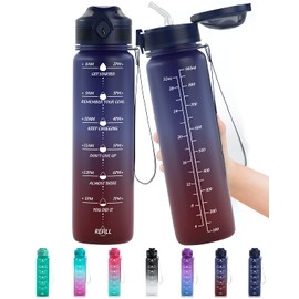 Lunidry 1 litre Water Bottle with Straw, 32oz Motivational Sports Water Bottle with Time markings, BPA Free Tritan Leakproof Reusable Drink Bottles for Running, Cycling, Gym, Outdoor Sport