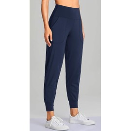 Oalka Women's Joggers High Waist Yoga Pockets Sweatpants Sport Workout Pants Navy Blue XL