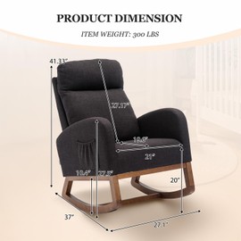 MOONMISS Rocking Chair Nursery, Glider Chair with High Back and Side Pocket, Solid Wood Frame Armchair with Non-Slip Padding for Nursery, Living Room, Bedroom(Black)