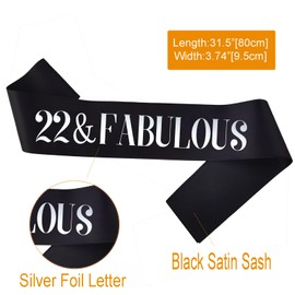 PANBINN 22 & Fabulous Birthday Sash, Silver Foil Black Satin '22 & Fabulous' Sash for Boy or Girl 22nd Birthday Party Decorations Gifts Favors