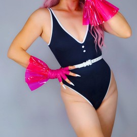 DooWay Women's Fashion Long Fancy Fingerless Gloves Rose PVC Ruffle Trim Cuff Faux Lambskin PU 28cm Dress Leather Gloves