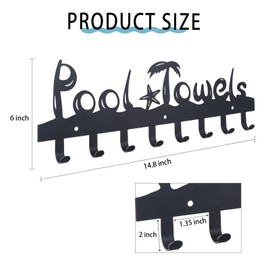 OYEFLY Pool Towel Rack,Wall Mount Towel Hooks Towel Holder with 8 Hooks,Pool Area Outside Sign (Black, 14.8in)
