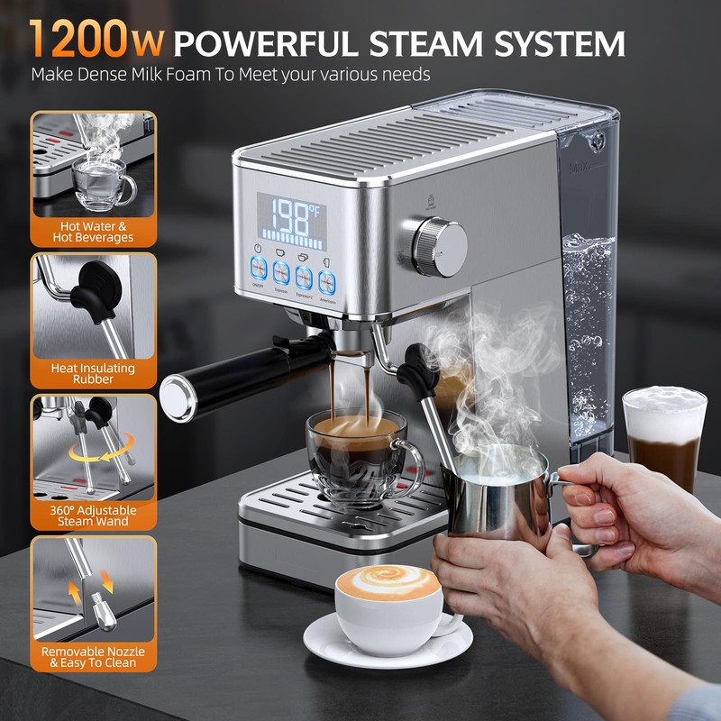 LERTIN Espresso Machine, 20Bar Compact Stainless Espresso Maker, With Milk