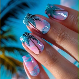 Summer Press on Nails Medium Square OFDNE Hawaii Fake Nails False Nails with Coconut Tree Designs Beach Nails Glossy Glue on Nails Acrylic Nails for Women Girls 24Pcs
