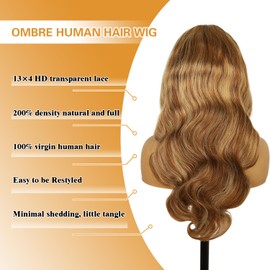 Goalroya 26 Inch 13×4 Ombre Lace Front Wig Human Hair 200% Density Transparent HD Balayage Highlight Lace Front Wig Human Hair Pre plucked Body Wave Brown Mixed Blonde