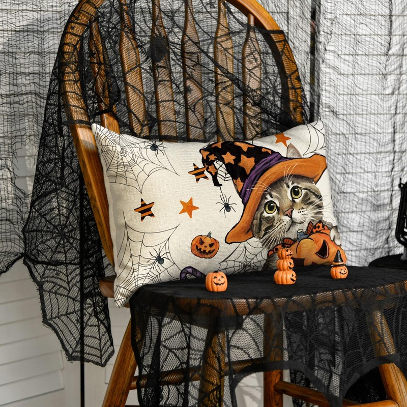 Artoid Mode Cat Jack-O-Lantern Pumpkin Spider Web Halloween Cushion Cover,