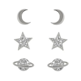 Ohrstecker aus Sterlingsilber für Frauen Mond Stern Planeten kleine zierliche Ohrringe 3 Sets für mehrere Piercings (Silber)