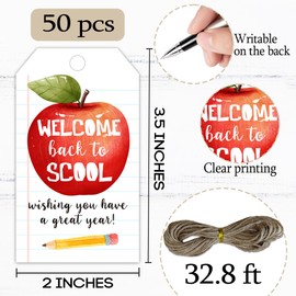 Back to School Gift Tags, 50 Pcs First Day of Schools Tags with String, 2x3 Inch Gift Labels for Students Teachers Present, Kindergarten Preschool Elementary, Party Decoration-A17