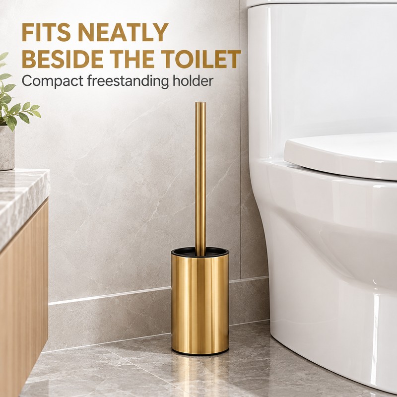 Gold Stainless Steel Toilet Brush and Holder Set with Long