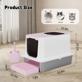 RIZZARI Stainless Steel Cat Litter Box, Enclosed Top-Entry Design, Large Capacity High-Sided Leak Proof Litter Pan for Cats, Easy Clean Pet Toilet (Pink, with Cat Litter)