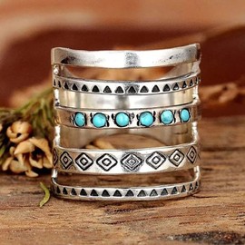 CUSIOALQQ Vintage Sterling Silver Turquoise Ring Faux Carve Dainty Retro Blue Turquoise Ring for Women, Boho Turquoise Hip Hop Statement Ring Fashion Bohemian Totem Ethnic Female Jewelry Gift Q