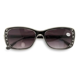 V.W.E. Women Bifocal Reading Sunglasses Reader Glasses Fashion Rhinestone Translucent (Black, 3.00)