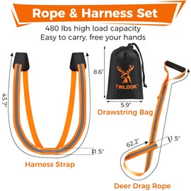 TWLOOK Deer Drag Harness & Rope – Heavy Duty 480lbs Capacity, Reflective Orange Hunting Gear with Comfortable Shoulder Strap, Soft Handle – Essential for Dragging Deer, Elk, Boar – Gift for Hunters