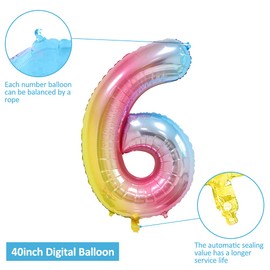 Unisun Number Balloons, 40inch Large Rainbow Number 6 Foil Mylar Helium Balloons for Birthday Party Celebration Decoration