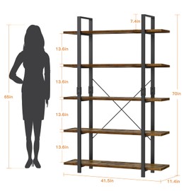 FRAPOW 5 Tier Bookshelf, 70 inch Tall Solid Bookcase Industrial Wooden Bookshelves Large Wall Etagere Rustic Vintage Book Shelf with Metal Frame Open Storage Rack for Living Room Home Office