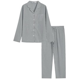 Latuza Women's Cotton Long Sleeve Pajama Set Seersucker Button Down Pj Set XL Black Stripe