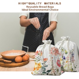 Reusable Linen Bread Bag for Homemade Bread Sourdough Loaf, Wildflower Beeswax Bread Bag 2Pcs, Flroal Storage Large Bread Box for Baker Focaccia Sandwich Bags Baking Chritmas Gifts for Women 16.5x12