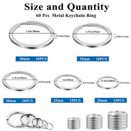 Sunxeke 60 Pcs Metal Key Chain Rings Kit, O Ring Multi-Purpose Flat Split Keychain Rings Assortment 20 mm, 25 mm, 30 mm, 35 mm, 38 mm for DIY,Car Keys,Home Car Keys,Attachments Keys Pendants