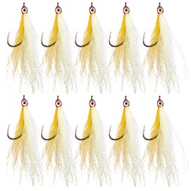 OROOTL Fishing Bucktail Teaser Hooks, 10pcs Saltwater Fishing Jigs Teaser Lures High Carbon Steel Hooks with Crystal Flash Feather Skirt for Fluke Flounder Salmon Trout Sea Bass Steelhead