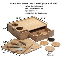 Mobilevision Bamboo Wine & Cheese Serving Tray Plus Drawer for Extra Storage Includes Coasters, Cheese Knives, Serving Boards & Handles for Easy Carrying