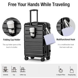 KYME Luggage Sets 2 Piece Hardshell 22"/26" Suitcase with Spinner Wheels Hardside Suitcases Sets with TSA Lock Lightweight Travel Luggage Set with Cup Holder for Women Men Black