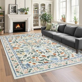 GarveeHome Large Washable Area Rug 10 x 13 Rug for Living Room, Non-Slip Non-Shedding Soft Vintage Rug, Low Pile Farmhouse Floral Carpet, Non-Shedding Foldable Printed Rug for Bedroom, Green
