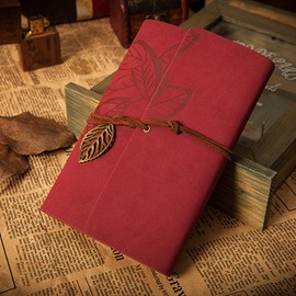 EvZ 5 Inch Mini Vintage Leather Journal, Pocket Size Refillable Loose Leaf Notebook, Retro Dark Red PU Cover with Metal Leaf Pendant, Blank Kraft Paper Small Travel Diary & Sketchbook