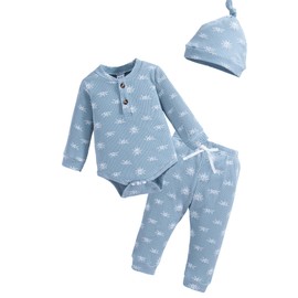 NZRVAWS Baby Boy Clothes Outfits Newborn Boy clothes Long Sleeves Infant Romper Fall Winter Blue Pants Sets Hat 3PCS for New Born Baby Boys