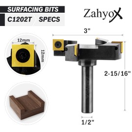 ZahyoX CNC Spoilboard Surfacing Router Bit, 1/2" Shank, 4 Wings, 3" Cutting Diameter, TiN Coated Insert Carbide Slab Flattening Router Bit, Planing Bit Wood Planer Bit for Woodworking