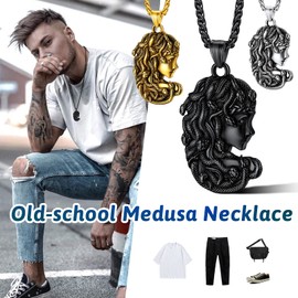 FaithHeart Medusa Head Necklace Mens Greek Mythology Amulet Jewelry Black Stainless Steel Ancient Greece Pendants Women Medusa Snkae Accessories