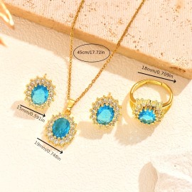 4pcss Set of Golden Jewelry Plated 18K Golden Cubic Zirconia Sky Blue Zirconia Oval Necklace Stud Rings 4pcs Set INS FrenchColor: Blue
