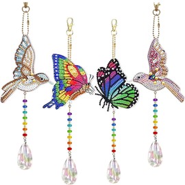Pack of 4 Diamond Painting Sun Catcher Wind Chime Diamond Painting Pendant Hanging Craft Diamond Painting Full Rhinestone with Tool Bag for Windows Garden Outdoor (Butterfly and Bird)