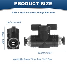 PATIKIL 6mm (1/4") Push to Connect Fittings Ball Valve, 6 Pcs 0-60 Degree BUC Air Flow Control Valve Quick Straight Connectors Air Hose Fitting for Pneumatic System Pipeline, Black