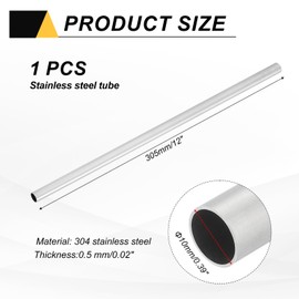MECCANIXITY 1 PCS 304 Stainless Steel Tubing, 10mm OD 0.5mm Wall Thickness 305mm Long Round Metal Pipe Steel Tube for Industrial Machinery Home Decoration DIY Crafts Model