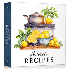 Vintage Kitchen Recipe Binder - 11x12" White and Blue with Pots & Lemons Design - 25 Recipe Sheets, 25 Protective Pages, 12 Color Dividers, Conversion Chart, "Favorite Recipes" Cover