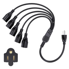 3 Prong 1 to 5 Splitter Cord, Outdoor Extension Cable Strip Outlet Saver, SJT 16AWG, LED Stage Light (20 Inch Black)