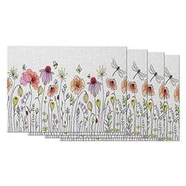 Moslion Yellow Floral Sketch Placemats Wild Flowers Colorful Butterflies Bees Poppies Dragonfly Table Placemats for Dinning Table Washable Cotton Linen 12x18 Inch, Set of 4…