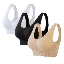 Kendally Bra Comfy Corset Bra Front Cross Side Buckle Lace Bras for Older Women Wireless Yoga Sports T-Shirt Bra (Black-White-Skin-3XL)