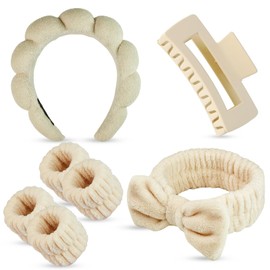 Cosmeria Hair Care Set with Cloth Headband, Clean girl must-have Bow Headband, Coral Fleece Wristbands and Hair Clip, Soft and Comfortable Materials