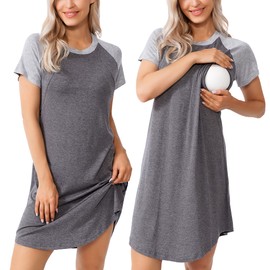 AGKRUNN Women Sleepshirts 3 in 1 Labor/Maternity/Nursing Nightgown Short Sleeve Breastfeeding Sleep Dress XS-3XL, Grey-light Grey, Small