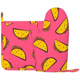 Mxocom Mexican Taco Silicone Oven Mitts and Pot Holders Sets Cute Cartoon on Pink Background BBQ Gloves for Kitchen,Cooking,Baking,Grilling