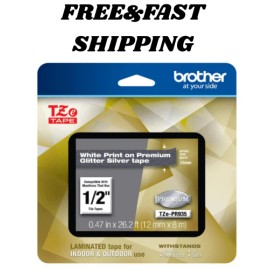 Brother P Touch Tzepr935 12Mm White Print On Premium Glitter Silver Tape