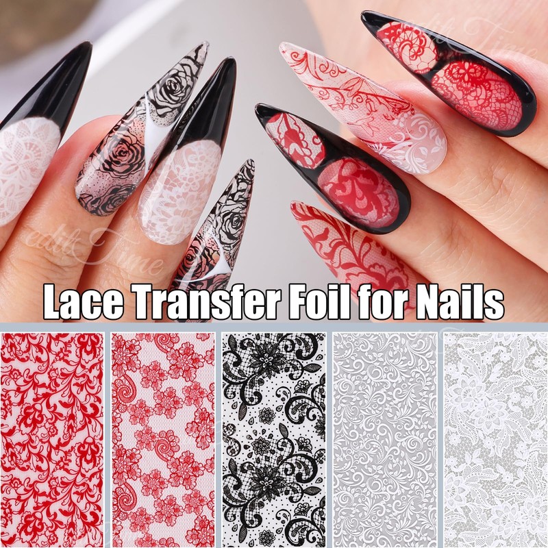 Lace Nail Foil Transfer Sheets, 10 Rolls Black White Red