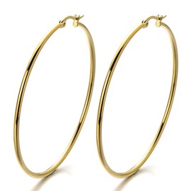 Pair Stainless Steel Large Plain Circle Huggie Hinged Hoop Earrings for Women Gold Color(CA)